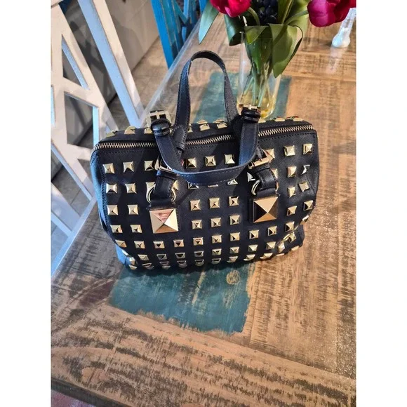 Michael Kors Grayson Navy Saffiano Leather Studded Satchel Bag and Wallet Set - Picture 4 of 10